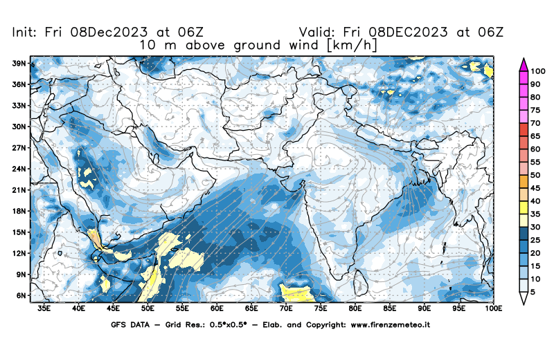 Mappa di analisi GFS - Velocità del vento a 10 metri dal suolo in Asia Sud-Occidentale
							del 8 dicembre 2023 z06