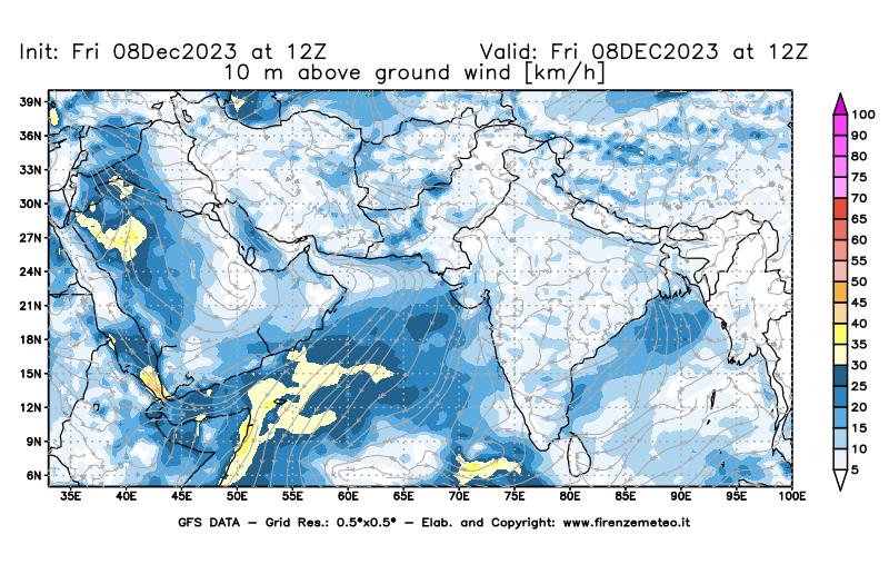 Mappa di analisi GFS - Velocità del vento a 10 metri dal suolo in Asia Sud-Occidentale
							del 8 dicembre 2023 z12
