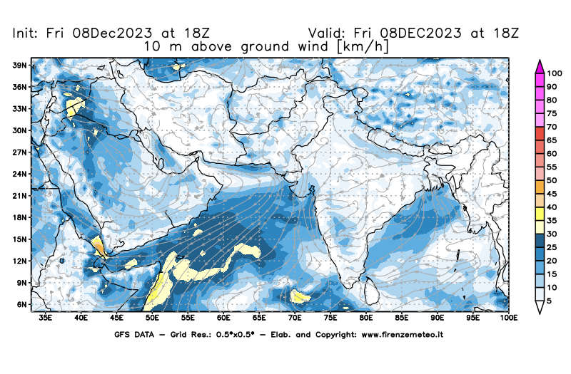 Mappa di analisi GFS - Velocità del vento a 10 metri dal suolo in Asia Sud-Occidentale
							del 8 dicembre 2023 z18