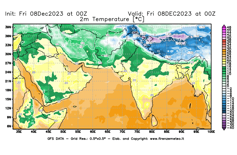 Mappa di analisi GFS - Temperatura a 2 metri dal suolo in Asia Sud-Occidentale
							del 8 dicembre 2023 z00