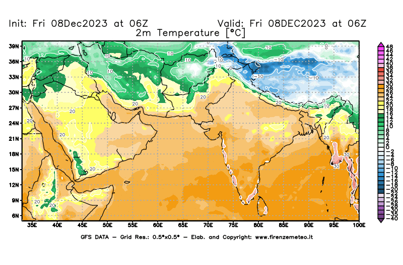 Mappa di analisi GFS - Temperatura a 2 metri dal suolo in Asia Sud-Occidentale
							del 8 dicembre 2023 z06