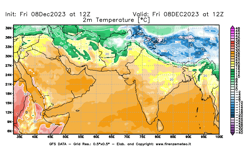 Mappa di analisi GFS - Temperatura a 2 metri dal suolo in Asia Sud-Occidentale
							del 8 dicembre 2023 z12