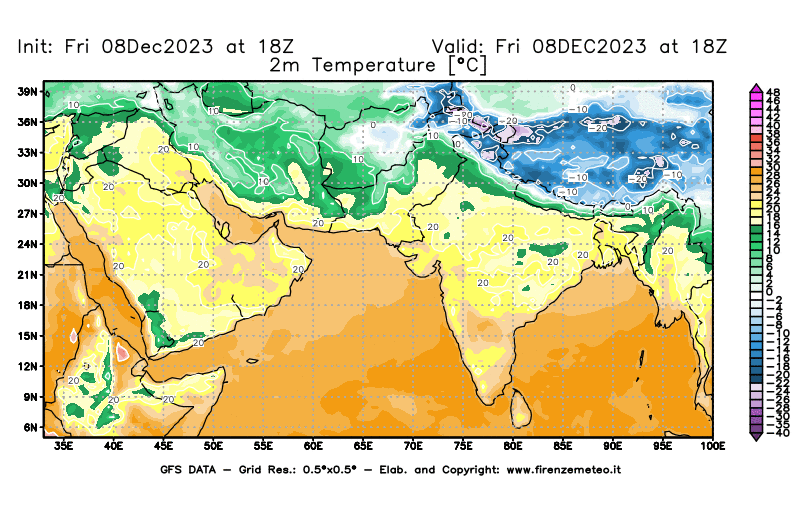 Mappa di analisi GFS - Temperatura a 2 metri dal suolo in Asia Sud-Occidentale
							del 8 dicembre 2023 z18