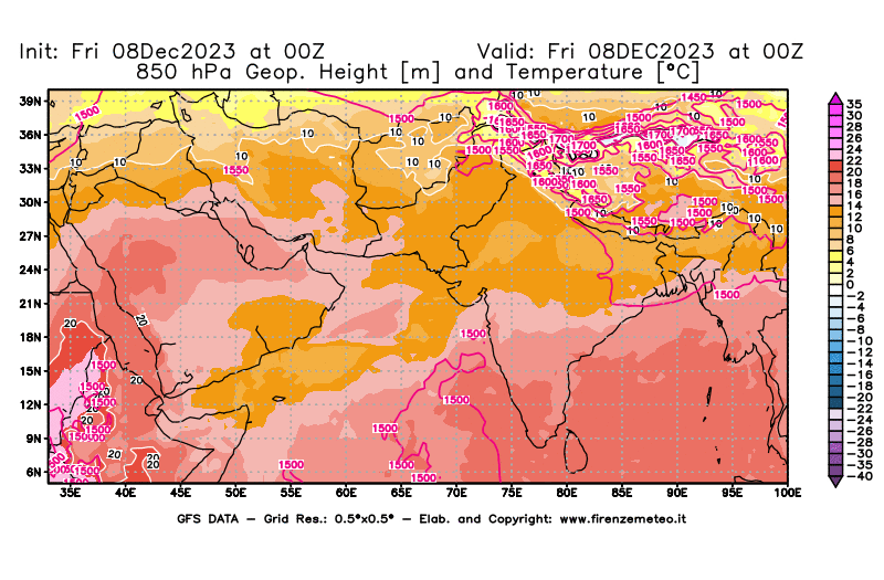 Mappa di analisi GFS - Geopotenziale e Temperatura a 850 hPa in Asia Sud-Occidentale
							del 8 dicembre 2023 z00
