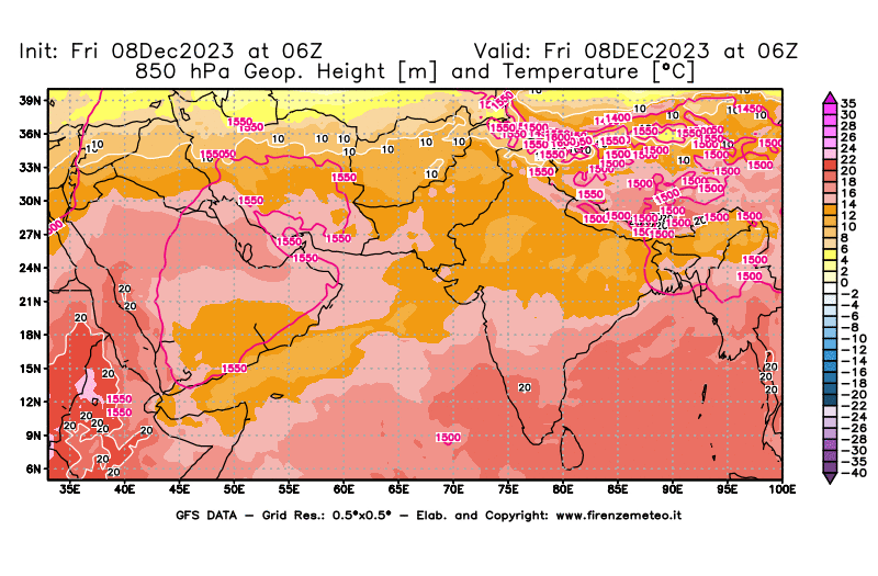 Mappa di analisi GFS - Geopotenziale e Temperatura a 850 hPa in Asia Sud-Occidentale
							del 8 dicembre 2023 z06