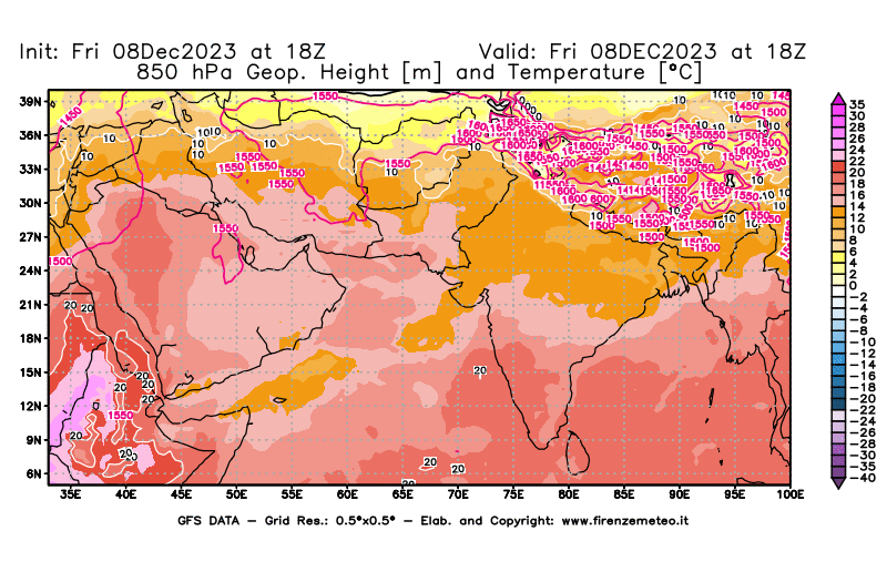 Mappa di analisi GFS - Geopotenziale e Temperatura a 850 hPa in Asia Sud-Occidentale
							del 8 dicembre 2023 z18