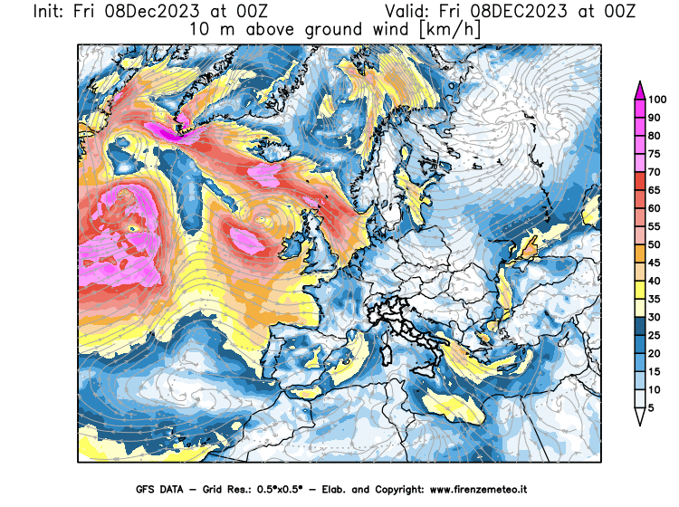 Mappa di analisi GFS - Velocità del vento a 10 metri dal suolo in Europa
							del 8 dicembre 2023 z00