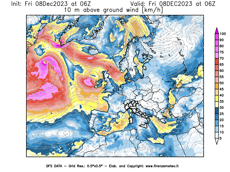 Mappa di analisi GFS - Velocità del vento a 10 metri dal suolo in Europa
							del 8 dicembre 2023 z06