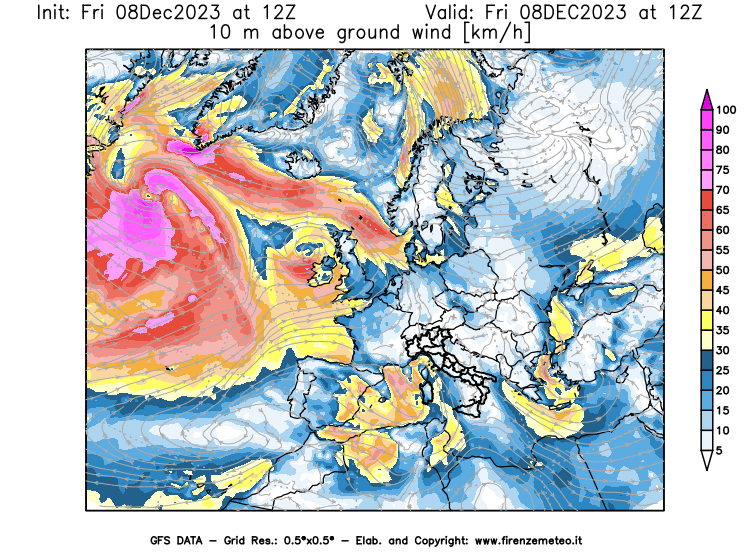 Mappa di analisi GFS - Velocità del vento a 10 metri dal suolo in Europa
							del 8 dicembre 2023 z12
