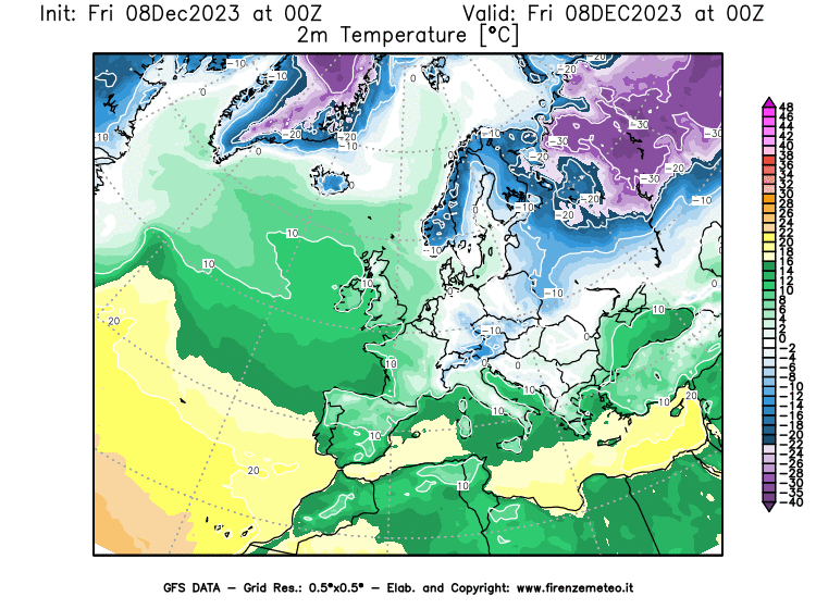 Mappa di analisi GFS - Temperatura a 2 metri dal suolo in Europa
							del 8 dicembre 2023 z00