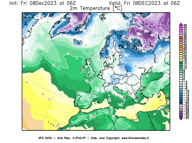 Mappa di analisi GFS - Temperatura a 2 metri dal suolo in Europa
							del 8 dicembre 2023 z06