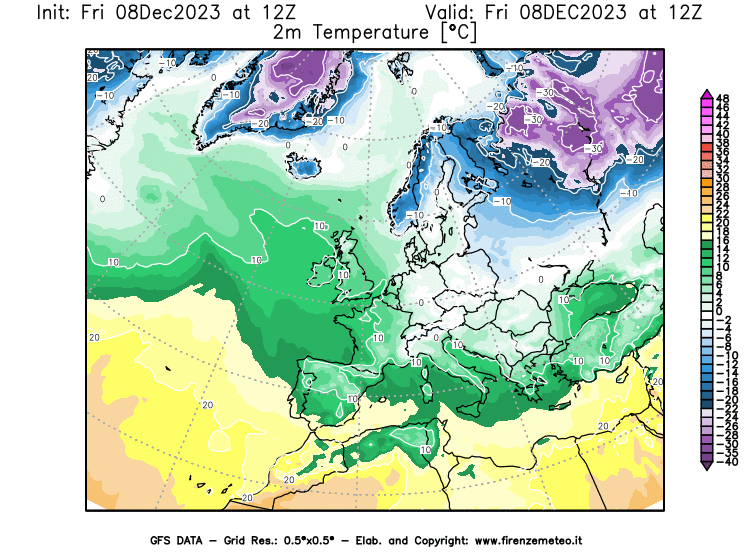 Mappa di analisi GFS - Temperatura a 2 metri dal suolo in Europa
							del 8 dicembre 2023 z12
