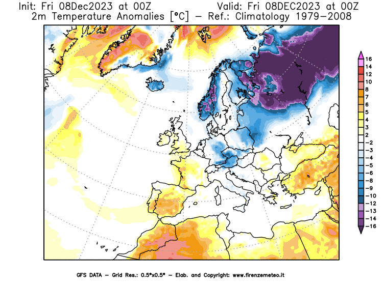 Mappa di analisi GFS - Anomalia Temperatura a 2 m in Europa
							del 8 dicembre 2023 z00