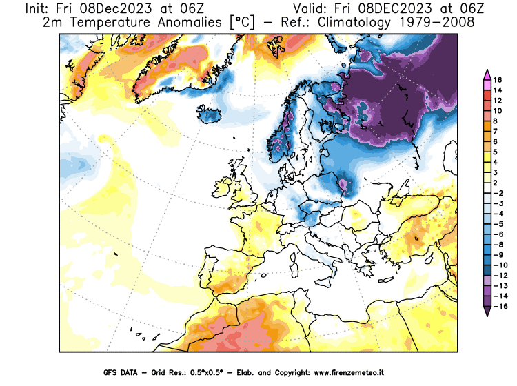 Mappa di analisi GFS - Anomalia Temperatura a 2 m in Europa
							del 8 dicembre 2023 z06