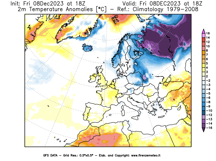 Mappa di analisi GFS - Anomalia Temperatura a 2 m in Europa
							del 8 dicembre 2023 z18