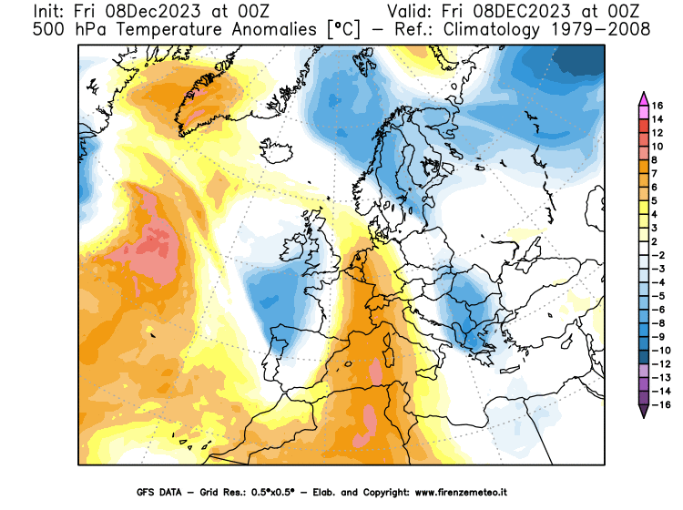 Mappa di analisi GFS - Anomalia Temperatura a 500 hPa in Europa
							del 8 dicembre 2023 z00