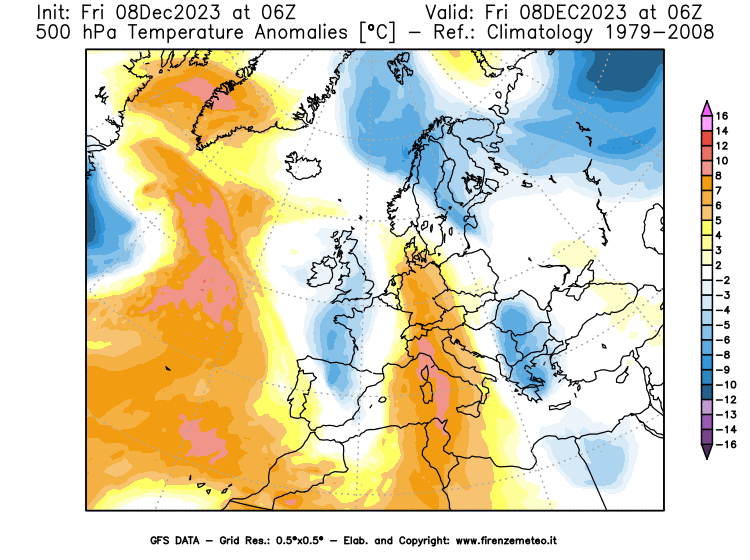 Mappa di analisi GFS - Anomalia Temperatura a 500 hPa in Europa
							del 8 dicembre 2023 z06