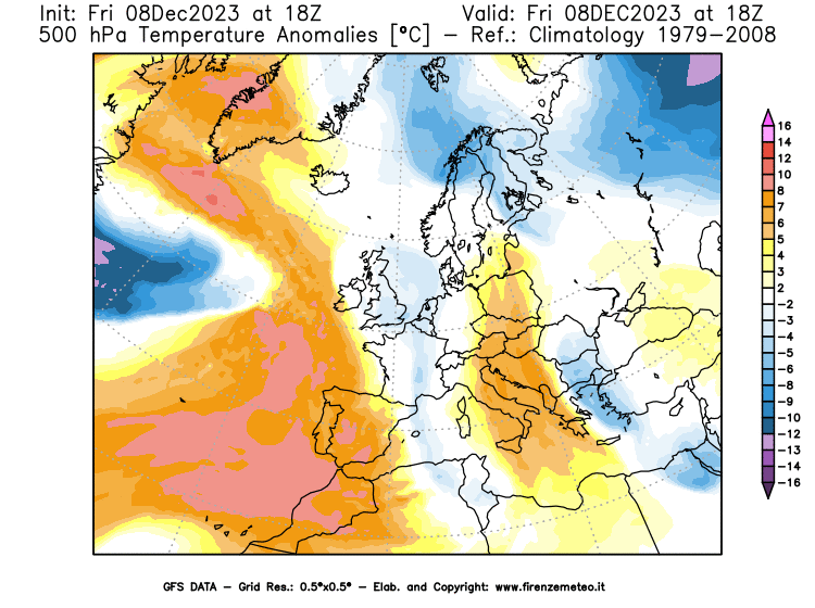 Mappa di analisi GFS - Anomalia Temperatura a 500 hPa in Europa
							del 8 dicembre 2023 z18