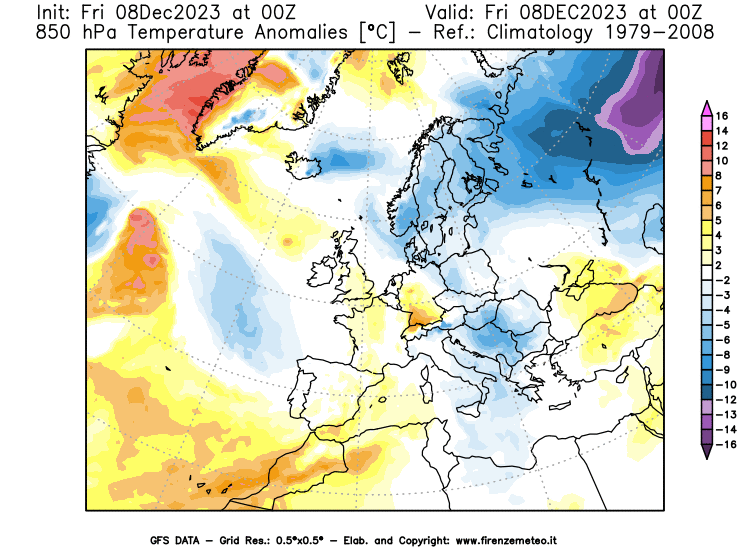Mappa di analisi GFS - Anomalia Temperatura a 850 hPa in Europa
							del 8 dicembre 2023 z00