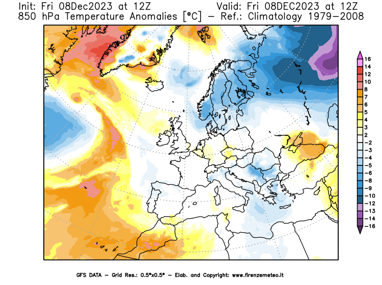 Mappa di analisi GFS - Anomalia Temperatura a 850 hPa in Europa
							del 8 dicembre 2023 z12