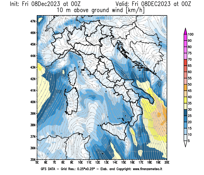 Mappa di analisi GFS - Velocità del vento a 10 metri dal suolo in Italia
							del 8 dicembre 2023 z00
