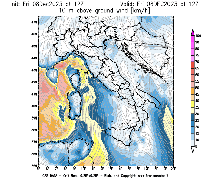Mappa di analisi GFS - Velocità del vento a 10 metri dal suolo in Italia
							del 8 dicembre 2023 z12