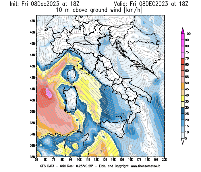 Mappa di analisi GFS - Velocità del vento a 10 metri dal suolo in Italia
							del 8 dicembre 2023 z18