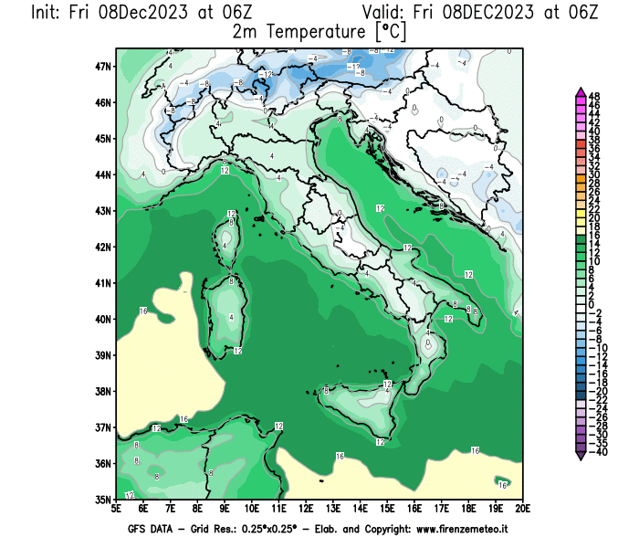 Mappa di analisi GFS - Temperatura a 2 metri dal suolo in Italia
							del 8 dicembre 2023 z06