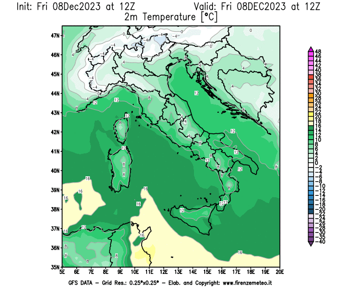 Mappa di analisi GFS - Temperatura a 2 metri dal suolo in Italia
							del 8 dicembre 2023 z12