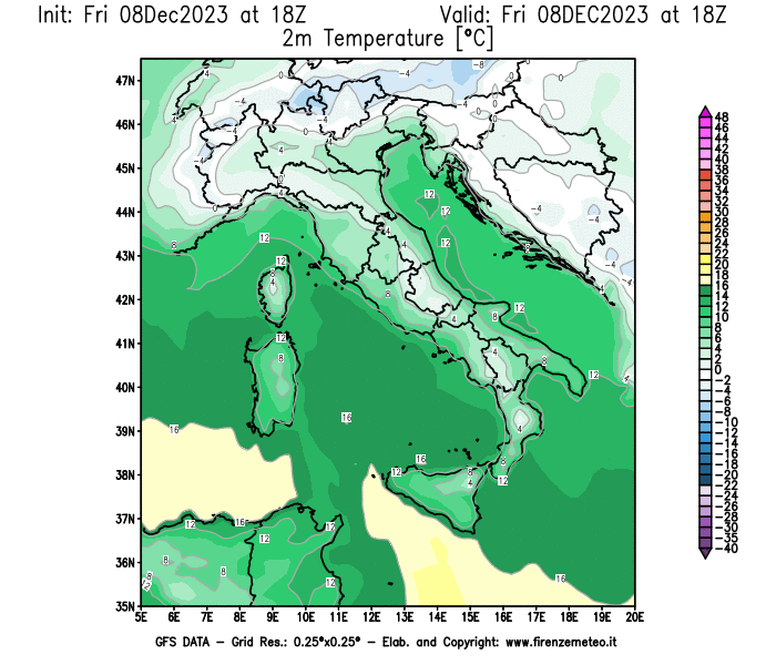 Mappa di analisi GFS - Temperatura a 2 metri dal suolo in Italia
							del 8 dicembre 2023 z18