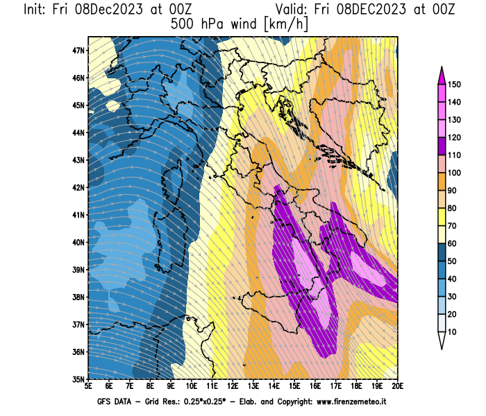 Mappa di analisi GFS - Velocità del vento a 500 hPa in Italia
							del 8 dicembre 2023 z00