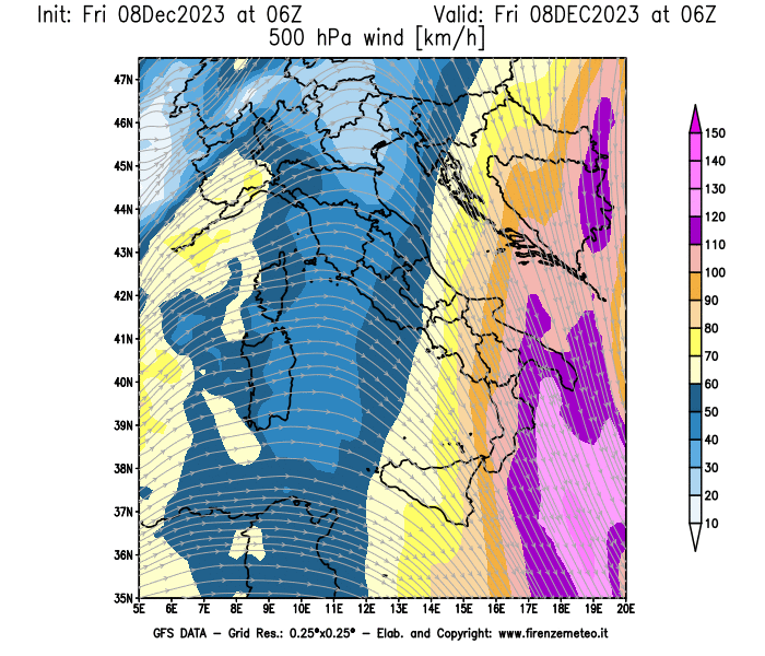 Mappa di analisi GFS - Velocità del vento a 500 hPa in Italia
							del 8 dicembre 2023 z06