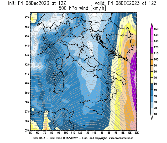Mappa di analisi GFS - Velocità del vento a 500 hPa in Italia
							del 8 dicembre 2023 z12