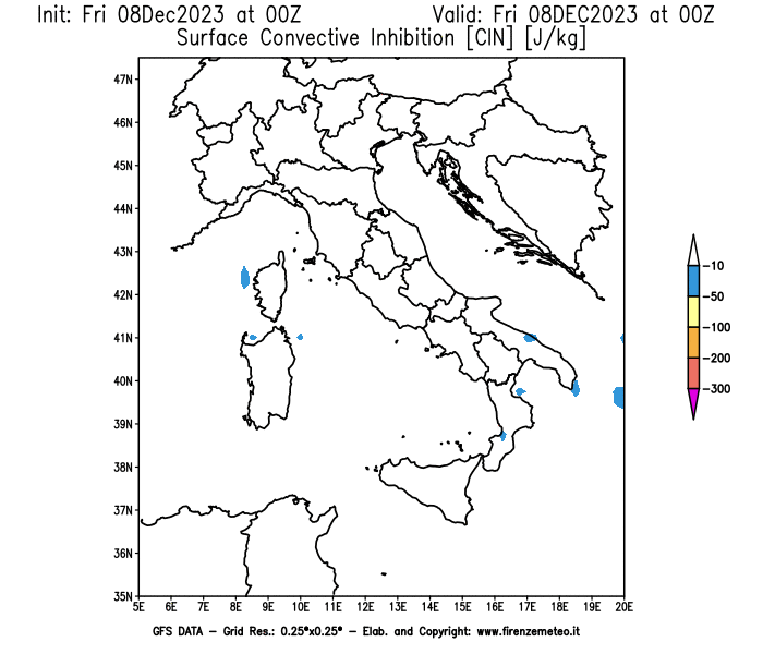 Mappa di analisi GFS - CIN in Italia
							del 8 dicembre 2023 z00