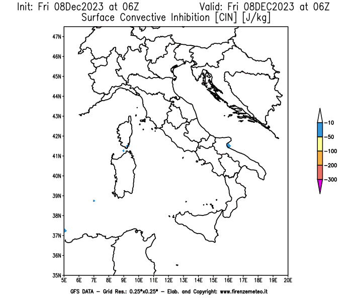 Mappa di analisi GFS - CIN in Italia
							del 8 dicembre 2023 z06