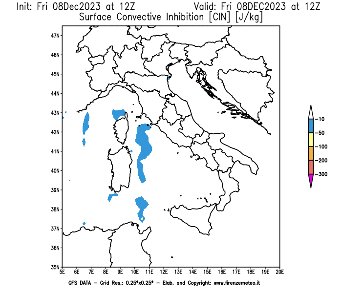 Mappa di analisi GFS - CIN in Italia
							del 8 dicembre 2023 z12