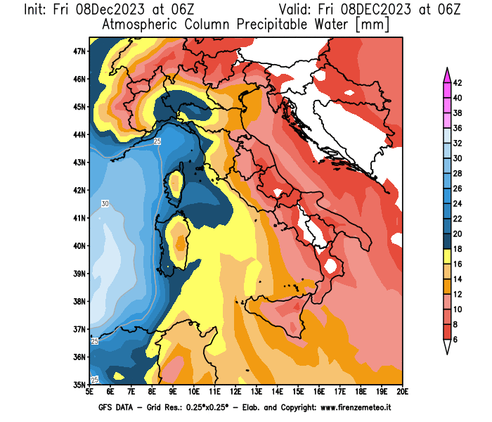 Mappa di analisi GFS - Precipitable Water in Italia
							del 8 dicembre 2023 z06