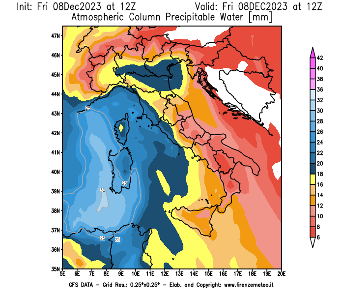 Mappa di analisi GFS - Precipitable Water in Italia
							del 8 dicembre 2023 z12