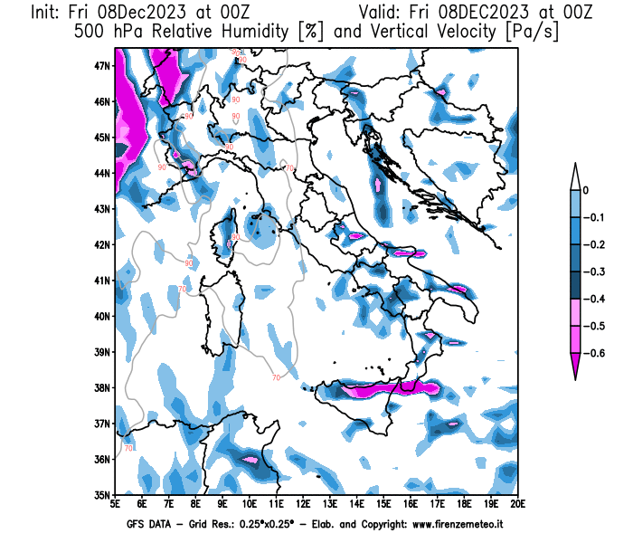 Mappa di analisi GFS - Umidità relativa e Omega a 500 hPa in Italia
							del 8 dicembre 2023 z00