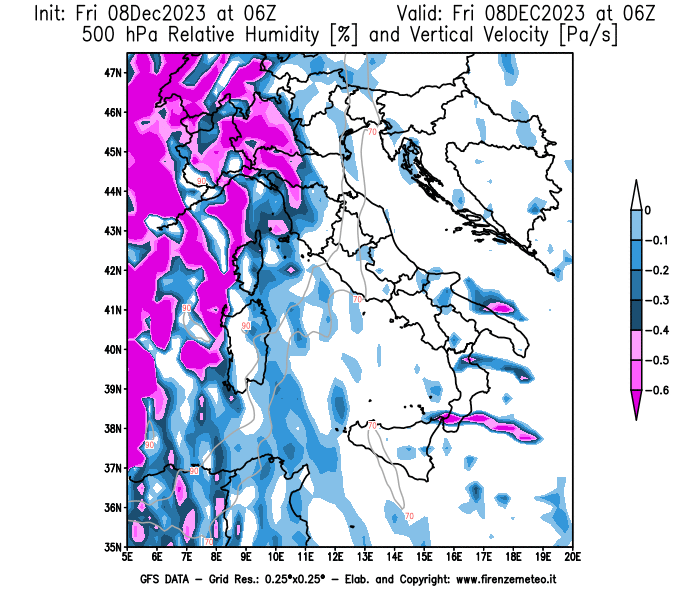 Mappa di analisi GFS - Umidità relativa e Omega a 500 hPa in Italia
							del 8 dicembre 2023 z06