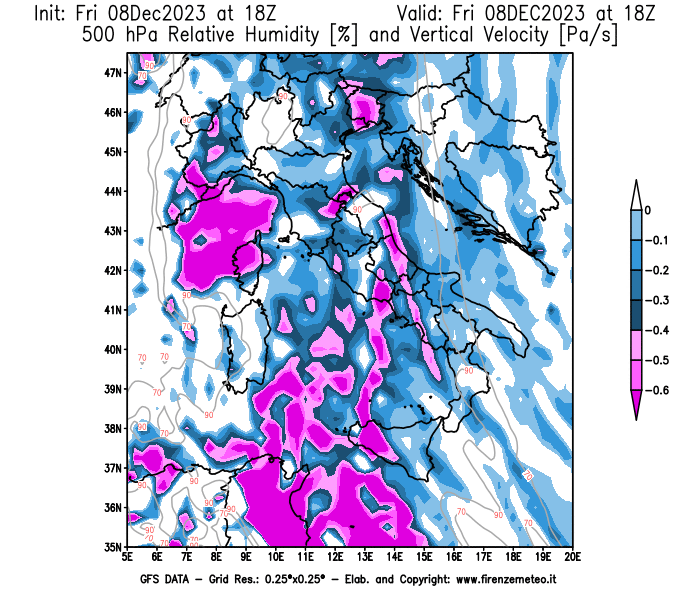 Mappa di analisi GFS - Umidità relativa e Omega a 500 hPa in Italia
							del 8 dicembre 2023 z18