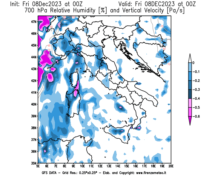 Mappa di analisi GFS - Umidità relativa e Omega a 700 hPa in Italia
							del 8 dicembre 2023 z00