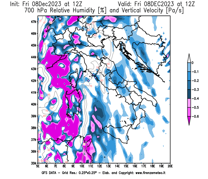Mappa di analisi GFS - Umidità relativa e Omega a 700 hPa in Italia
							del 8 dicembre 2023 z12
