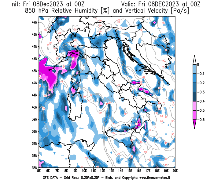 Mappa di analisi GFS - Umidità relativa e Omega a 850 hPa in Italia
							del 8 dicembre 2023 z00