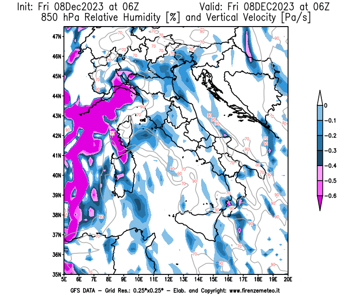 Mappa di analisi GFS - Umidità relativa e Omega a 850 hPa in Italia
							del 8 dicembre 2023 z06