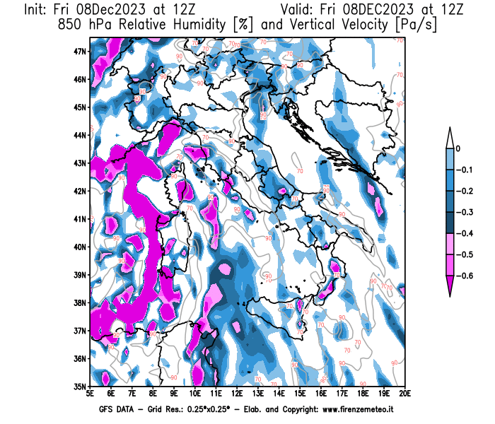 Mappa di analisi GFS - Umidità relativa e Omega a 850 hPa in Italia
							del 8 dicembre 2023 z12