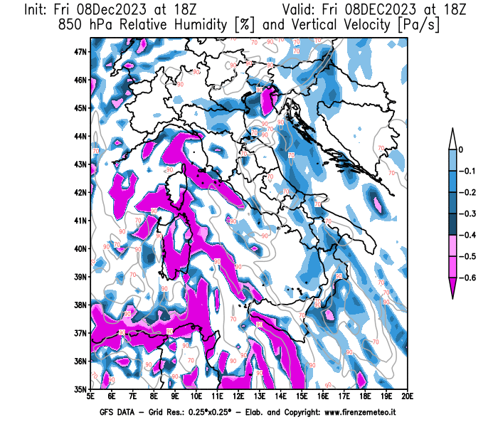 Mappa di analisi GFS - Umidità relativa e Omega a 850 hPa in Italia
							del 8 dicembre 2023 z18