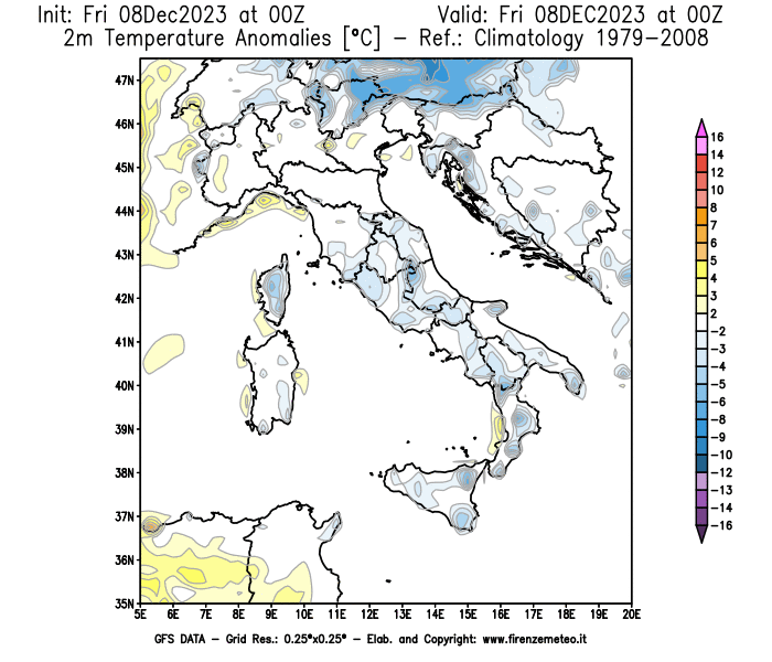 Mappa di analisi GFS - Anomalia Temperatura a 2 m in Italia
							del 8 dicembre 2023 z00