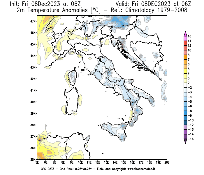 Mappa di analisi GFS - Anomalia Temperatura a 2 m in Italia
							del 8 dicembre 2023 z06