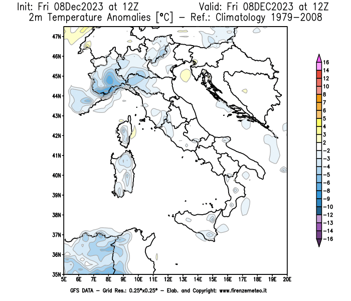 Mappa di analisi GFS - Anomalia Temperatura a 2 m in Italia
							del 8 dicembre 2023 z12